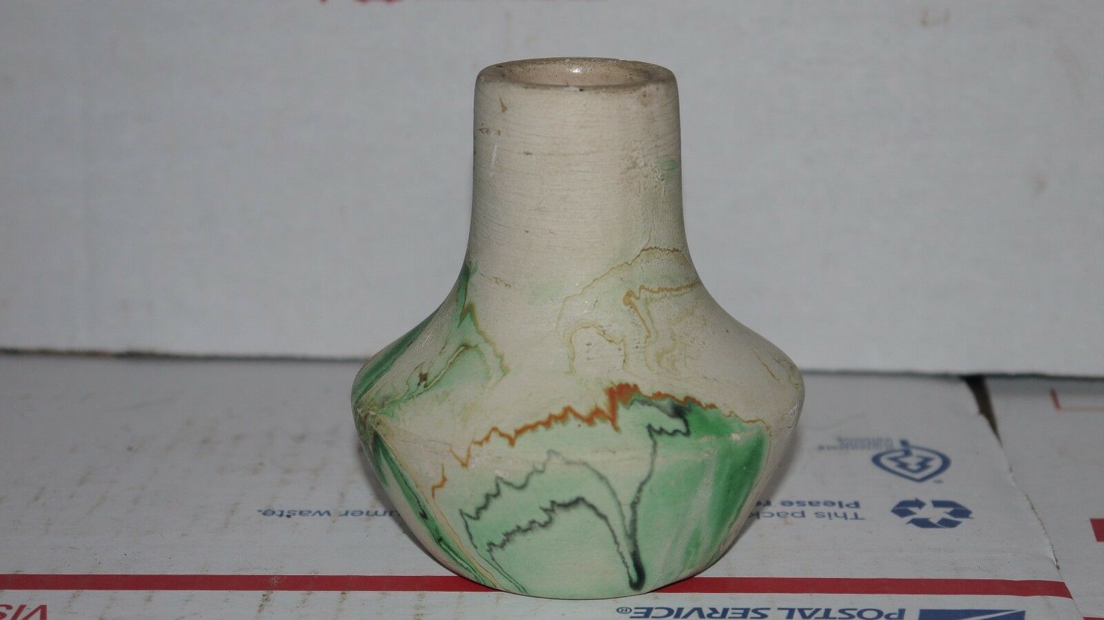 Nemadji Pottery Art Vase Native American Green Orange Swirls