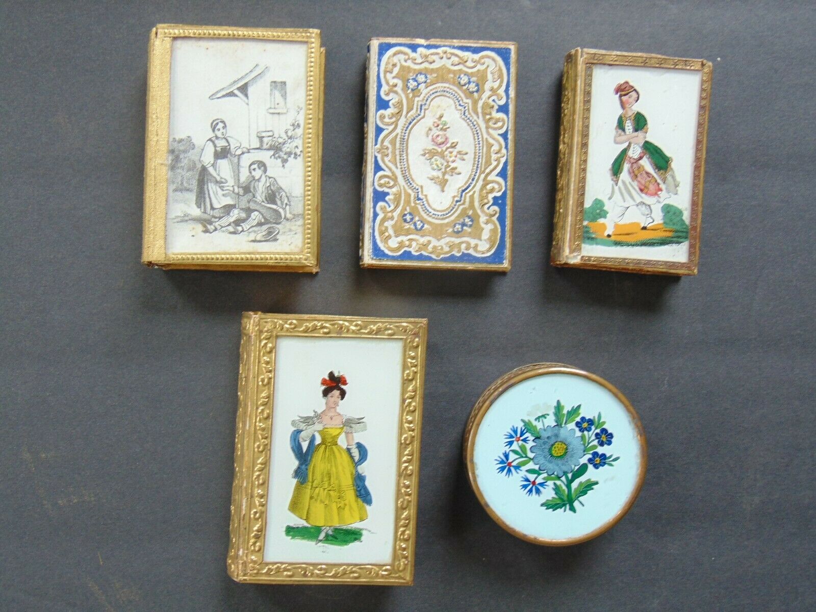 5 Antique Victorian Ladies Book Shaped Boxes With Mirrors - Powder Box Compact