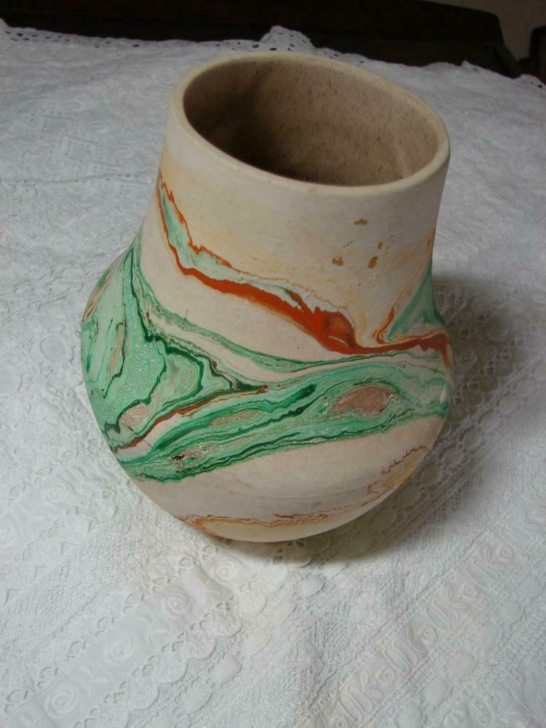Vintage Nemadji Pottery Vase With Colored Clay Swirls Green And Orange 6".