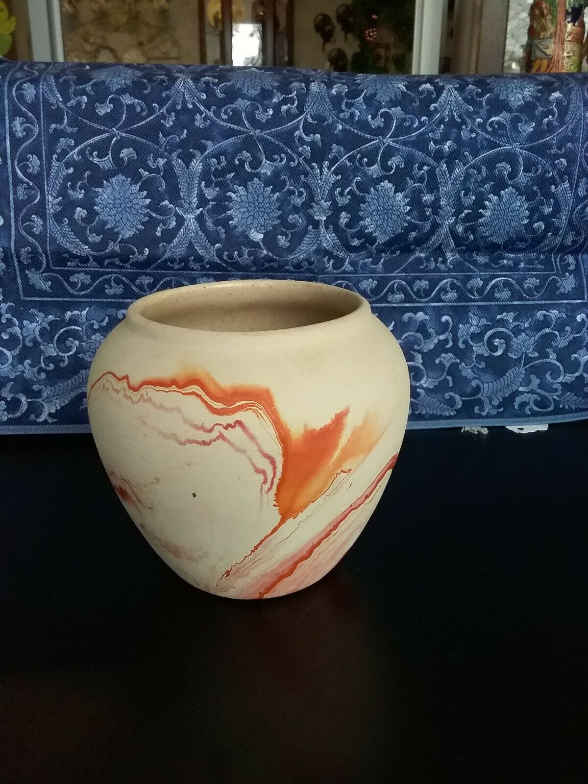 Vintage Nemadji Indian River Pottery Colorful Orange/ Red Swirl Clay Vase Usa