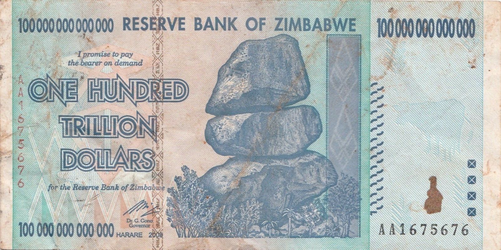 Zimbabwe 100 Trillion Dollars Circulated Aa/2008