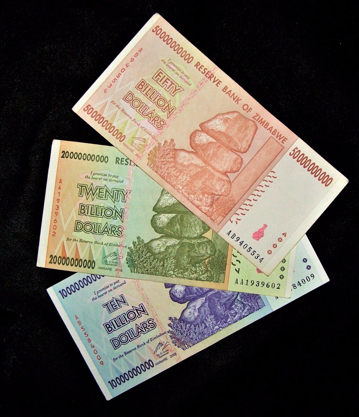 3 Zimbabwe Banknotes-1 X 10, 20 & 50 Billion Dollars -2008 Series Currency