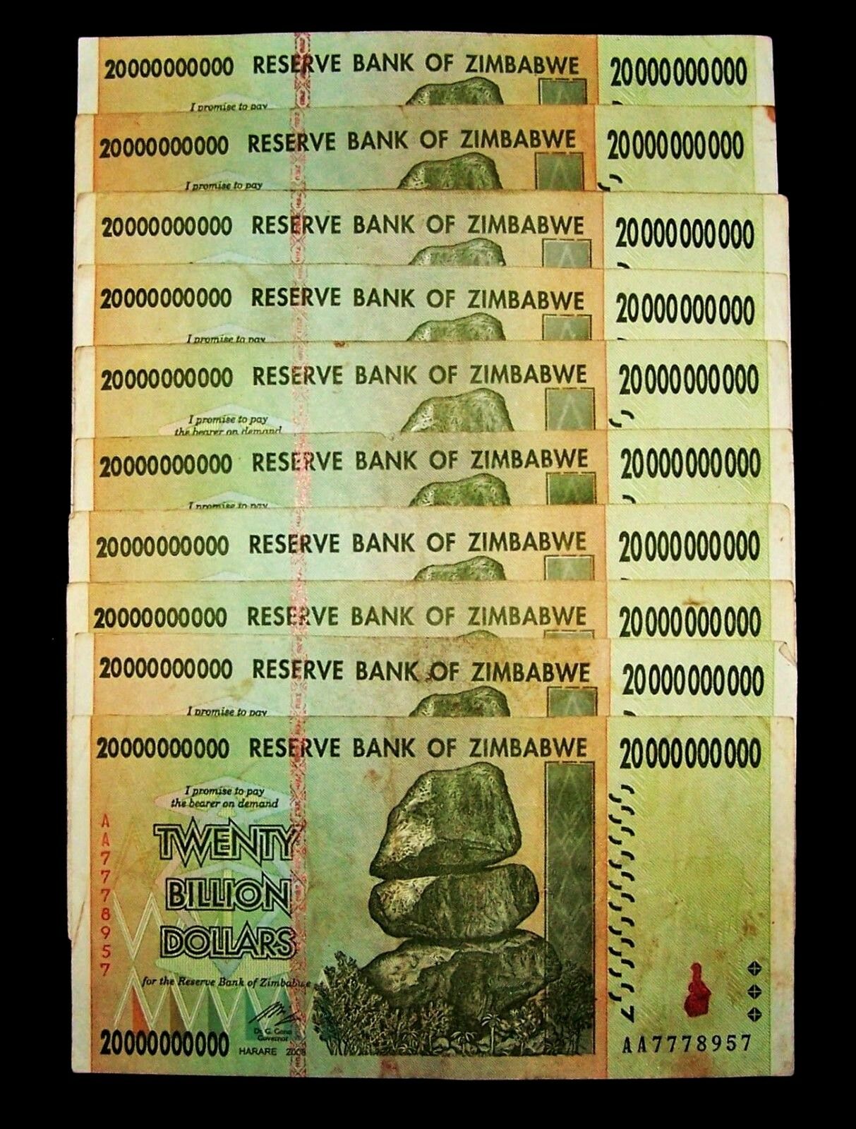 10 X Zimbabwe 20 Billion Dollar Banknotes-paper Money Currency-2008/aa Or Ab