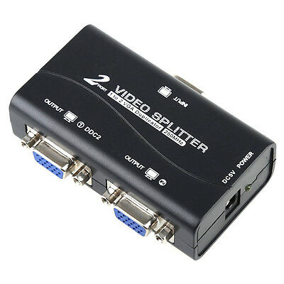 1 Pc To 2 Monitor 2 Port Vga Svga Video Lcd Splitter Box Adapter W/ Power Cable