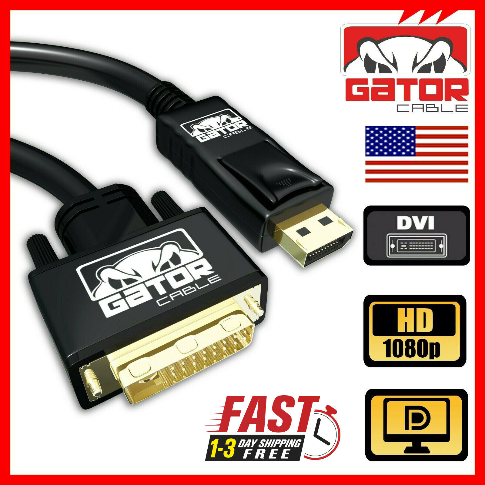 Display Port Dp To Dvi-d 24+1 Dual Video Cable 1080p Adapter Gold Plated Pc 6ft