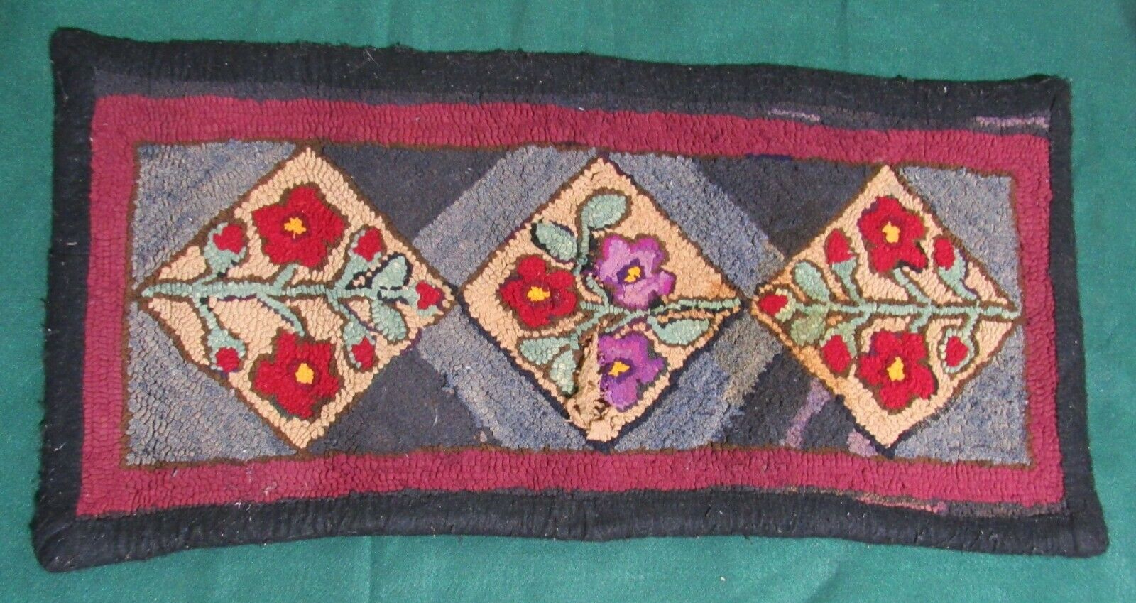 Antique Handmade Wool Hooked Rug, Floral Geometric, Rectangle, 18 X 37 Inches