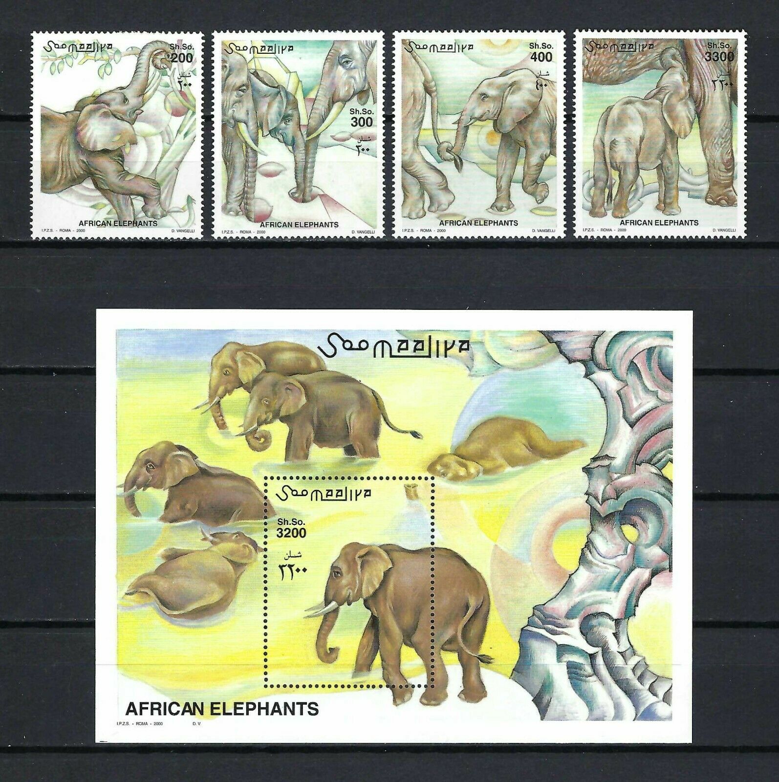 Somalia 2000 Mi#855-8,#859 Block 74  African Elephants  Mnh Set $36.80