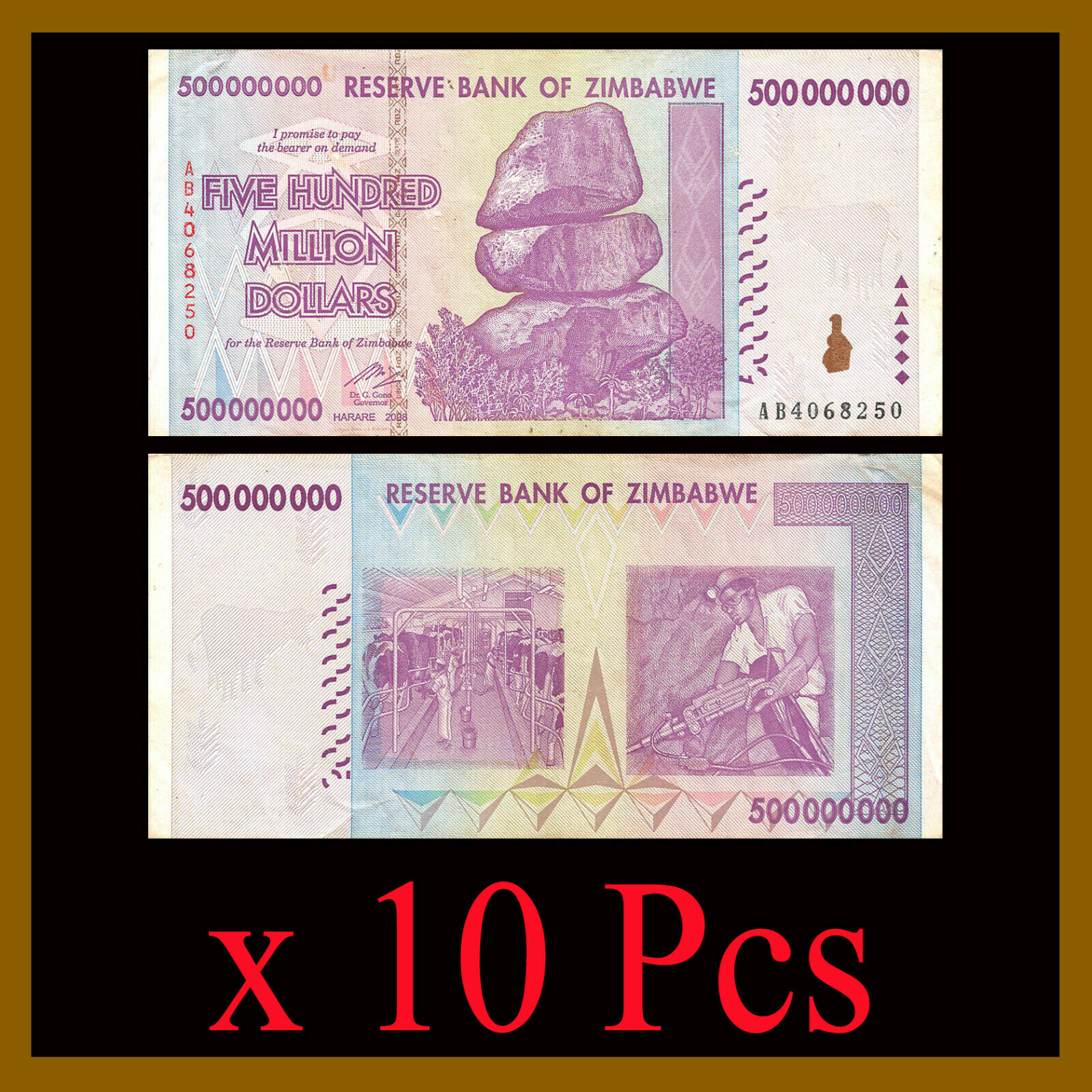Zimbabwe 500 Million Dollars X 10 Aa/ab 2008 50 & 100 Trillion Series Circulated