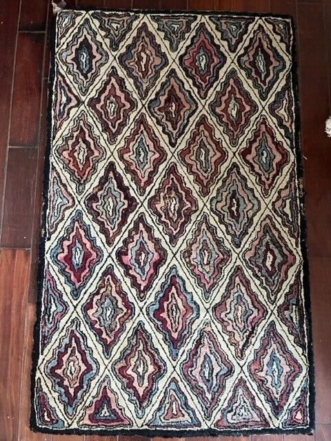 Antique Hand Made Hooked Wool Rug 31" X 50" Geometric