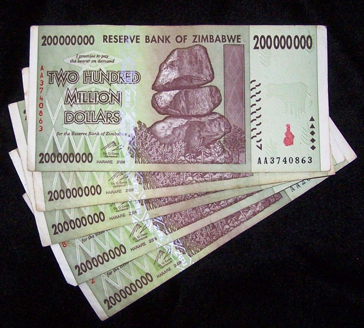5 X Zimbabwe 200 Million Dollar Banknotes-2008/aa - Currency