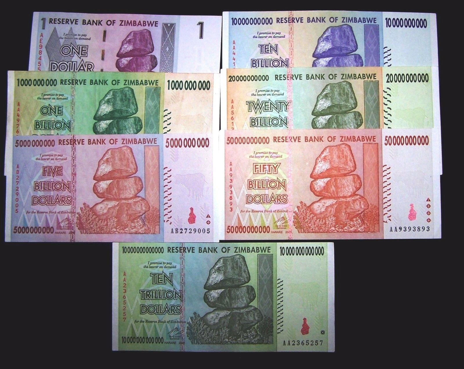 7 Zimbabwe Banknotes.1 Dollar, 1,5,10,20,50 Billion&10 Trillion Dollars-currency