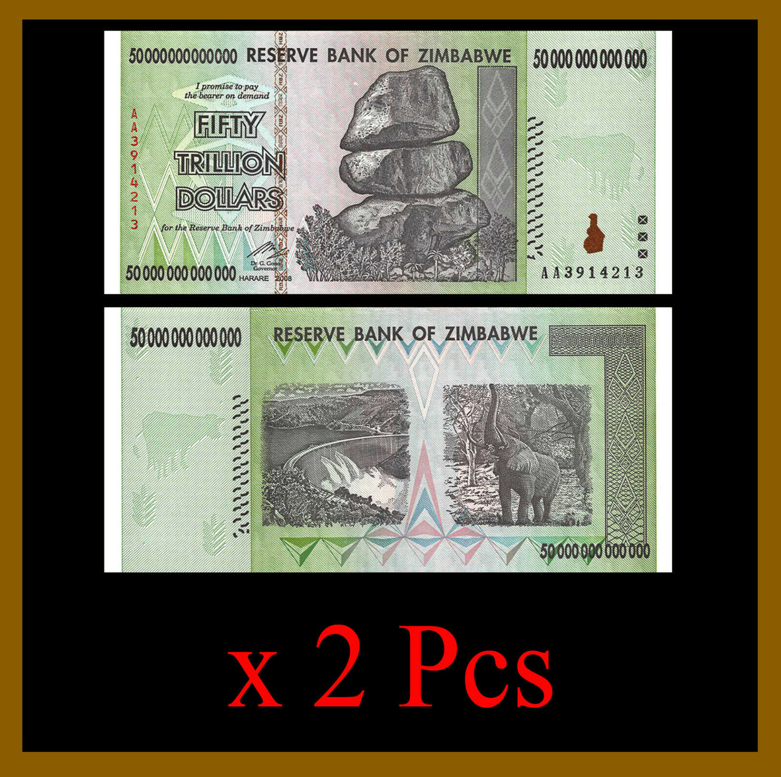 Zimbabwe 50 Trillion Dollars X 2 Pcs, 2008 Aa = 100 Trillion Unc