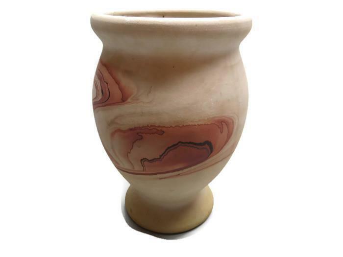 Nemadji Pottery Hand Painted Vase 6" High Beige Burnt Red Swirl Hand Made