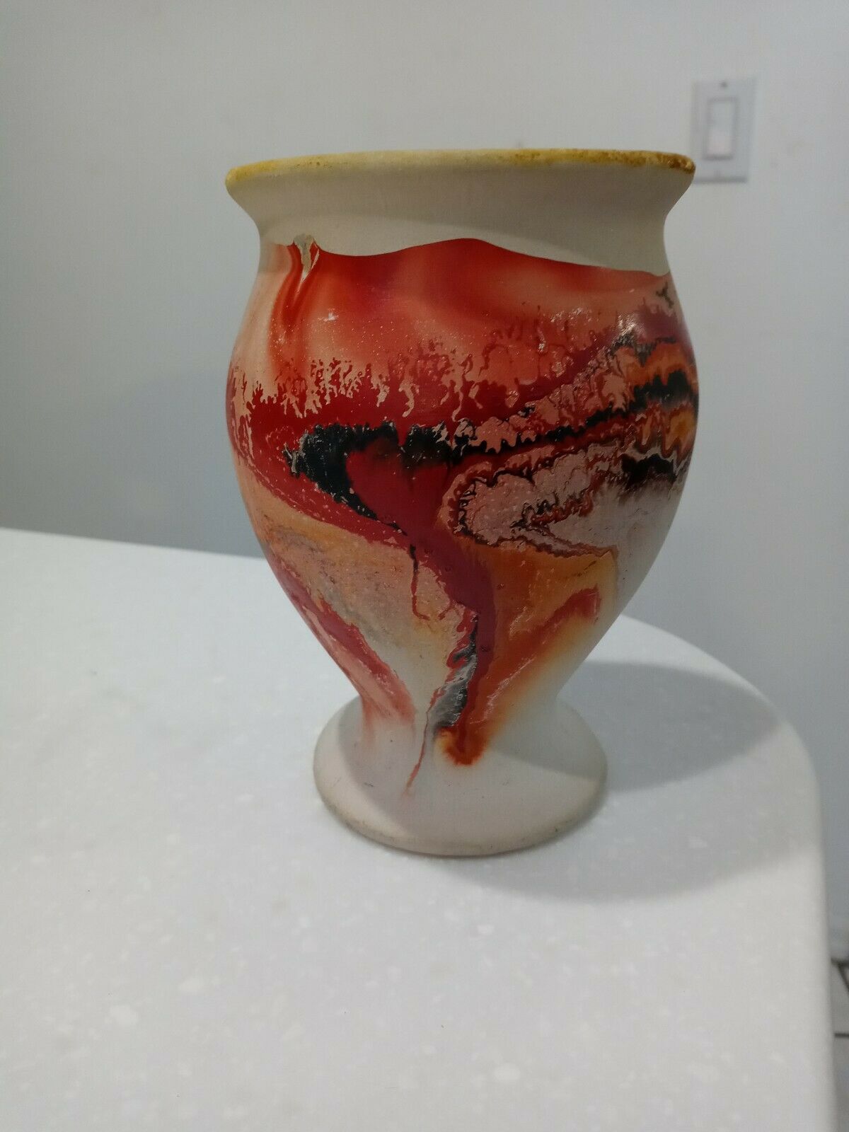 Nemadji "earth" Pottery Clay Vase 6" Tall Orange Sunburst Of Colors Beautiful