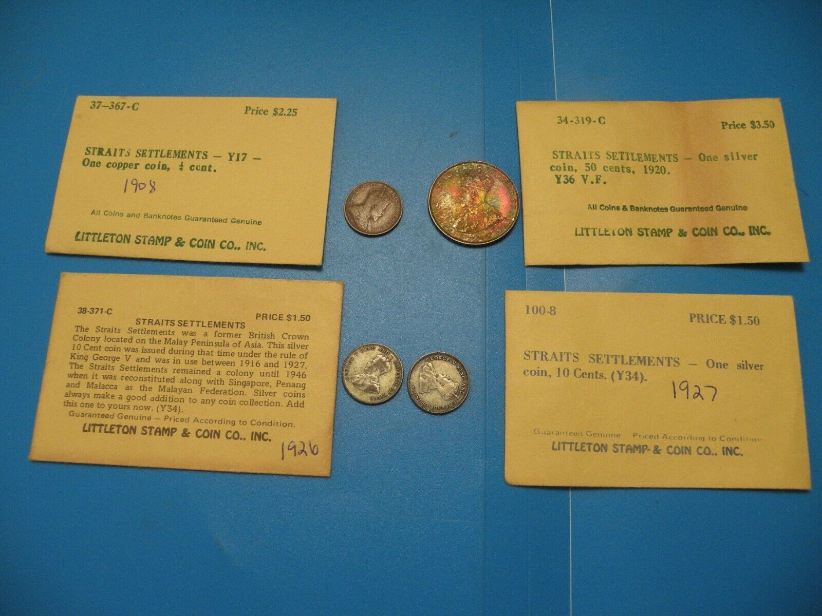 Straits Settlements 1908 1/4 Cent 1920 Silver 50 Cents 1926 1 Silver 10 Cent O11