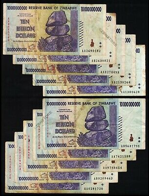 10 X 10 Billion Zimbabwe Dollars Banknotes Aa Ab 2008 Currency ~ Before Trillion