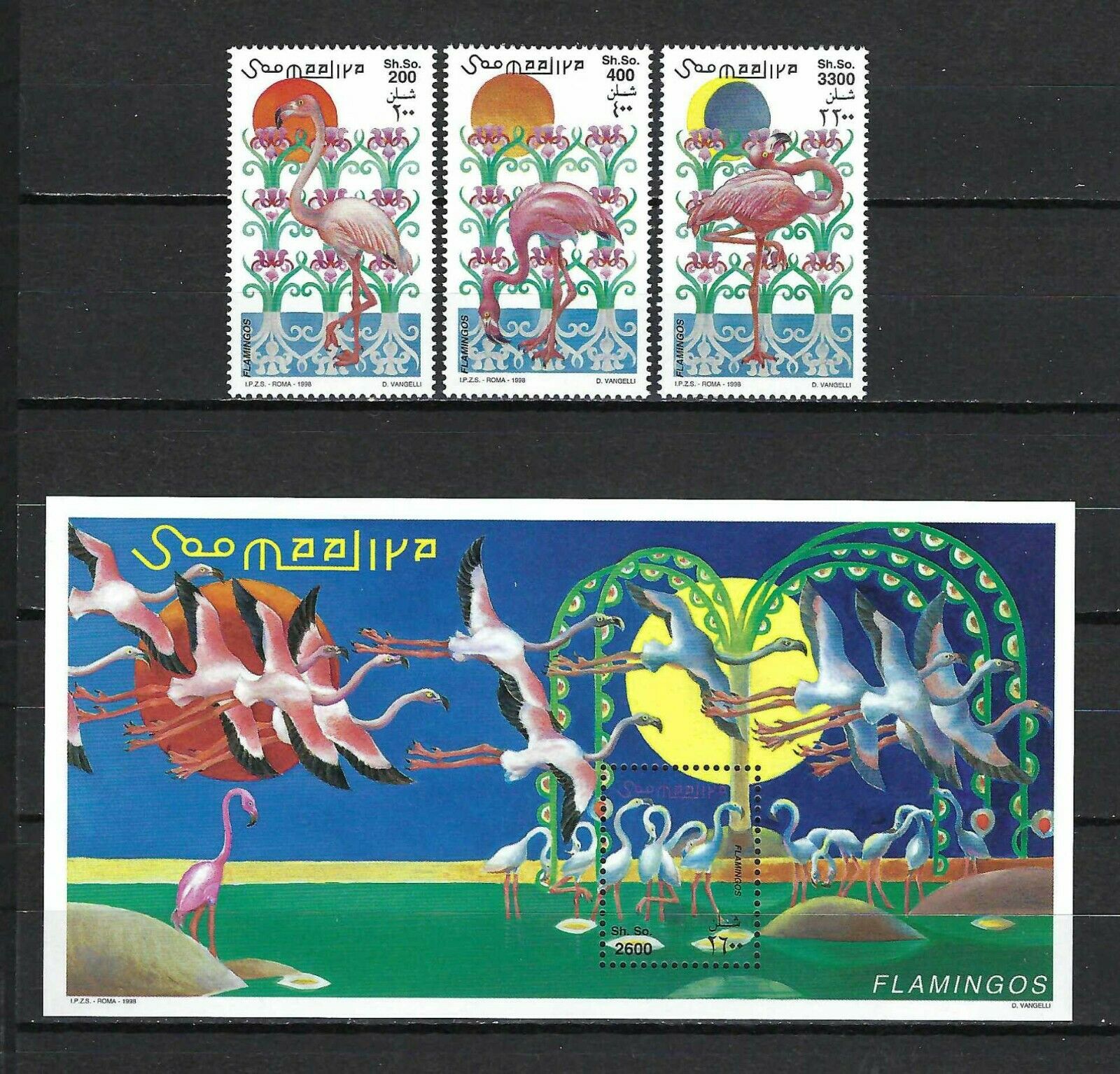 Somalia 1998 Mi#726-8,#726 Block 56  Flamingos  Mnh Stamp/souvenir Sheet Set $22