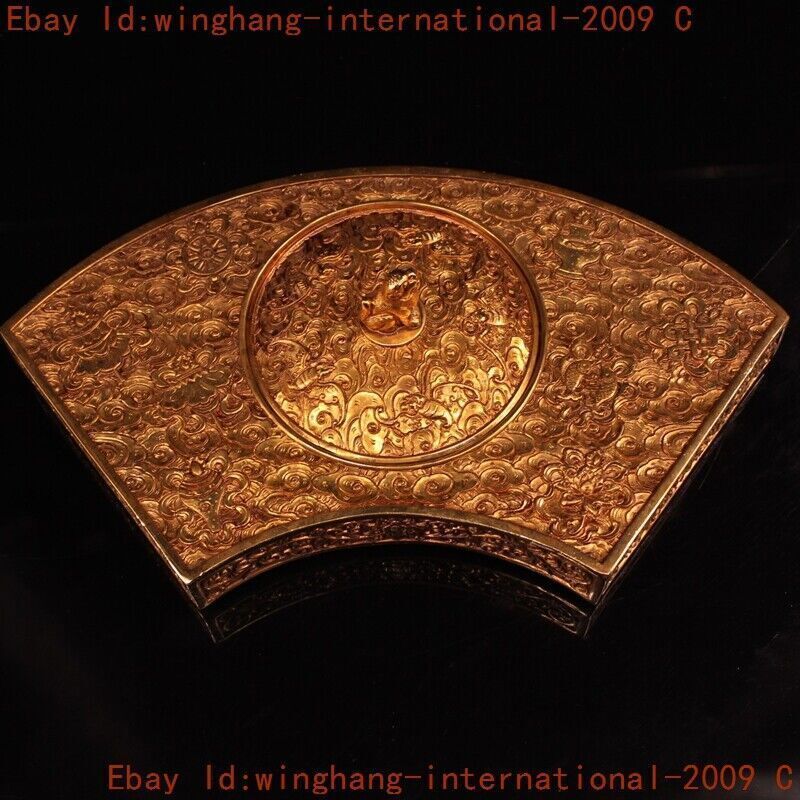 Ancient China Bronze 24k Gold Gilt Foo Dog Beast Ink-stone Ink Slab Inkwell Box
