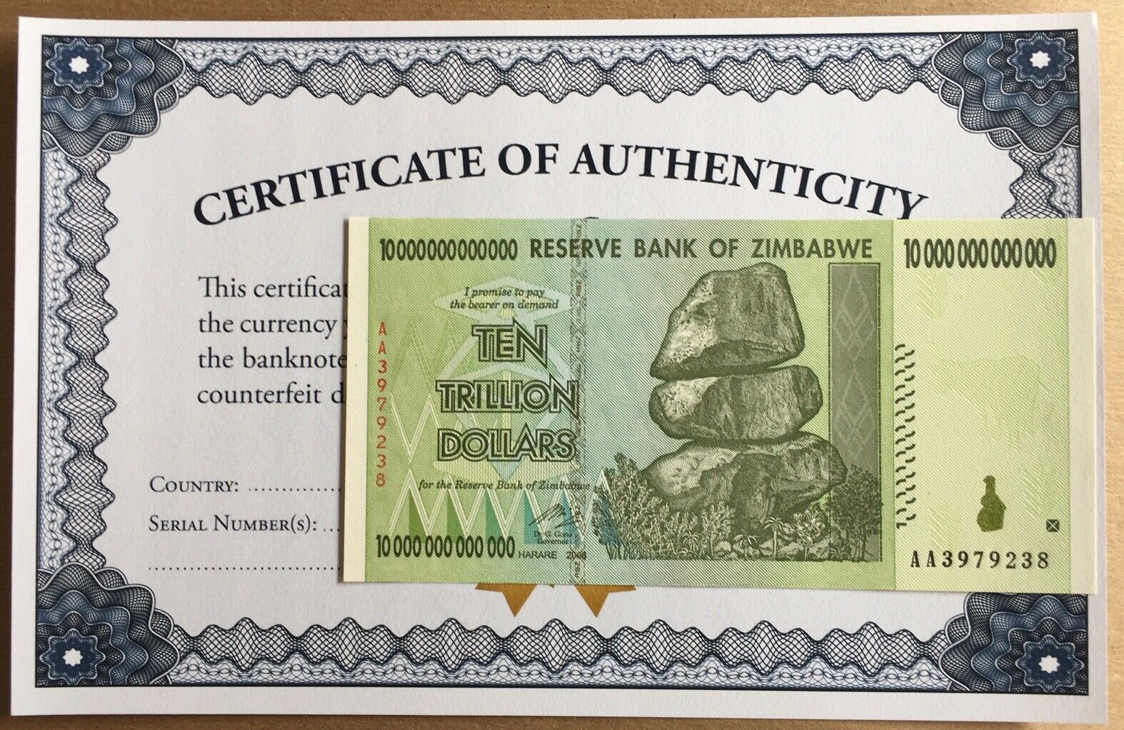 2008 10 Trillion Dollar Zimbabwe Zim Aa Series P88 Unc Coa Certificate Authentic