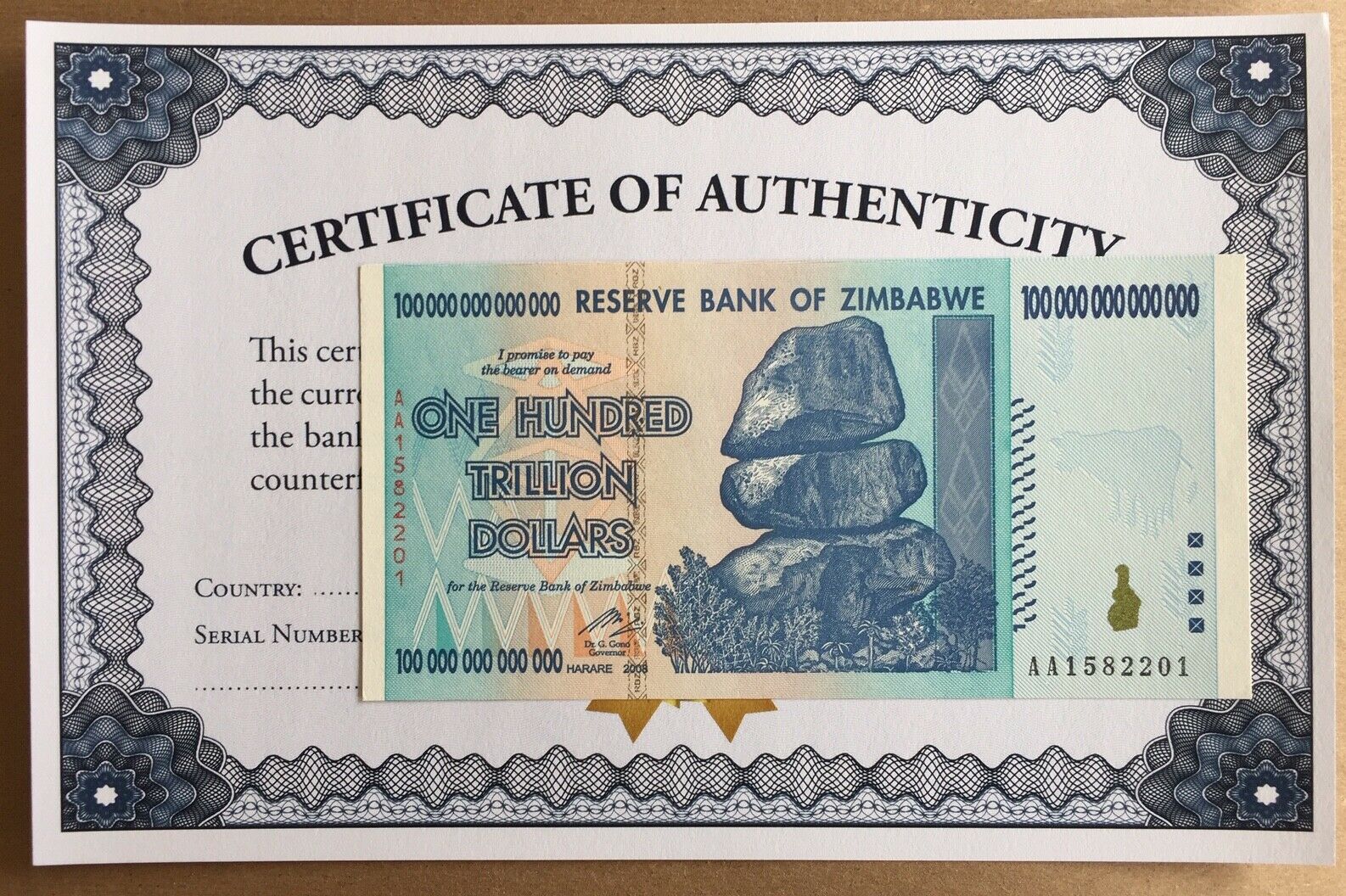 Authentic 100 Trillion Zim Bond Dollar 2008 Zimbabwe 2008 Aa Unc - Fast Ship Coa