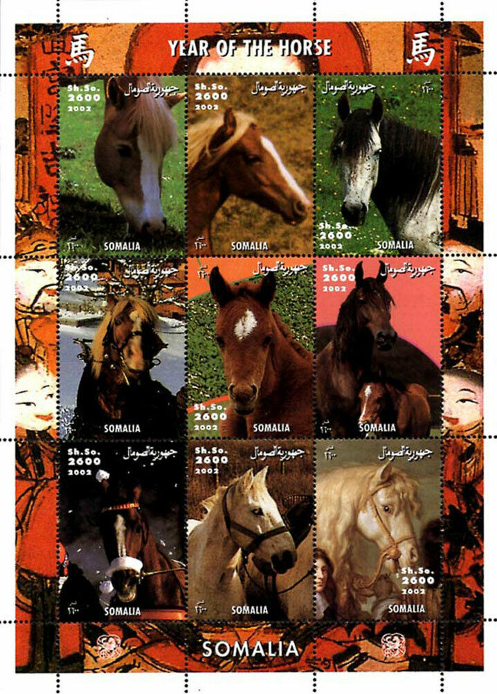 Somalia 2002 Year Of The Horse Animals 9v Mnh Full Sheet. (l-148)