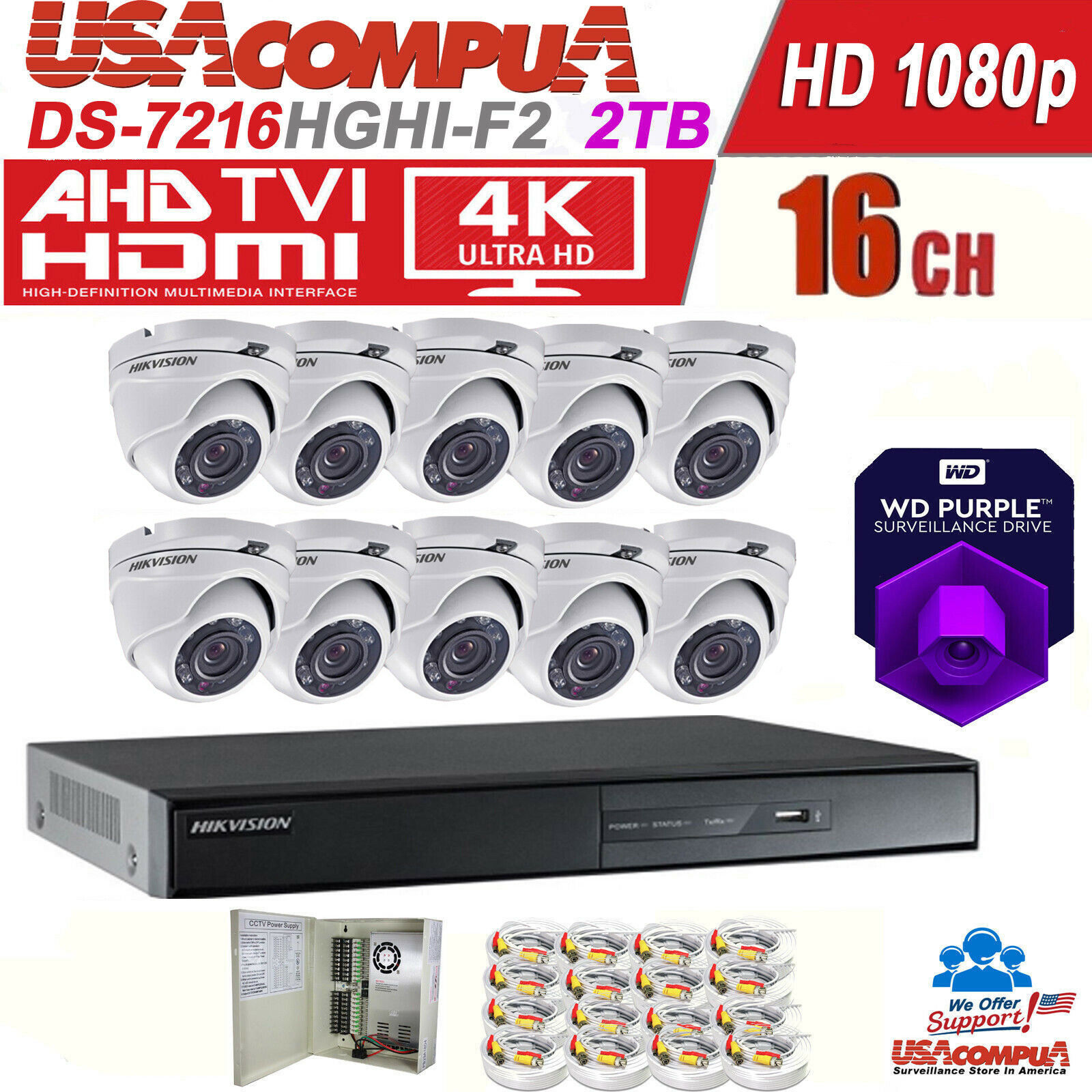 Hikvision Cctv Security Kit 16 Ch 10 Cameras Hd 1080p Dvr 2tb Kit  (2sata)