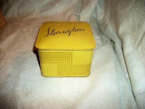 1930s Lentheric Shanghai Art Deco Powder Box Tin Yellow Black Original Puff Rare