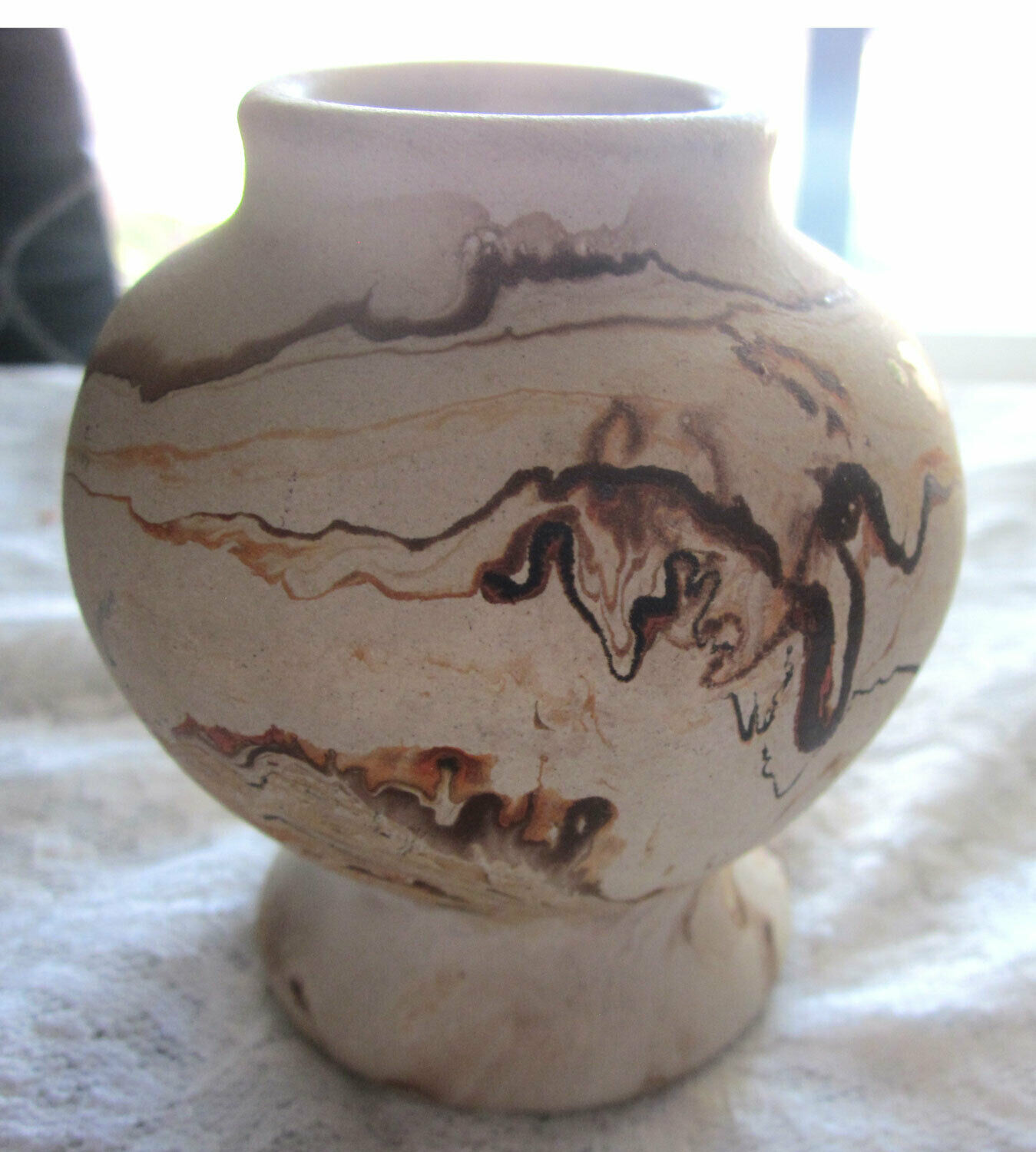 Vintage Nemadji Pottery Vase Brown Orange Swirls Marked 3-1/4" Tall