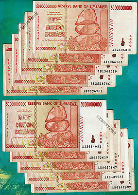 10 X 50 Billion Zimbabwe Dollars Banknotes Aa Ab 2008 Currency 10pcs ~ Authentic