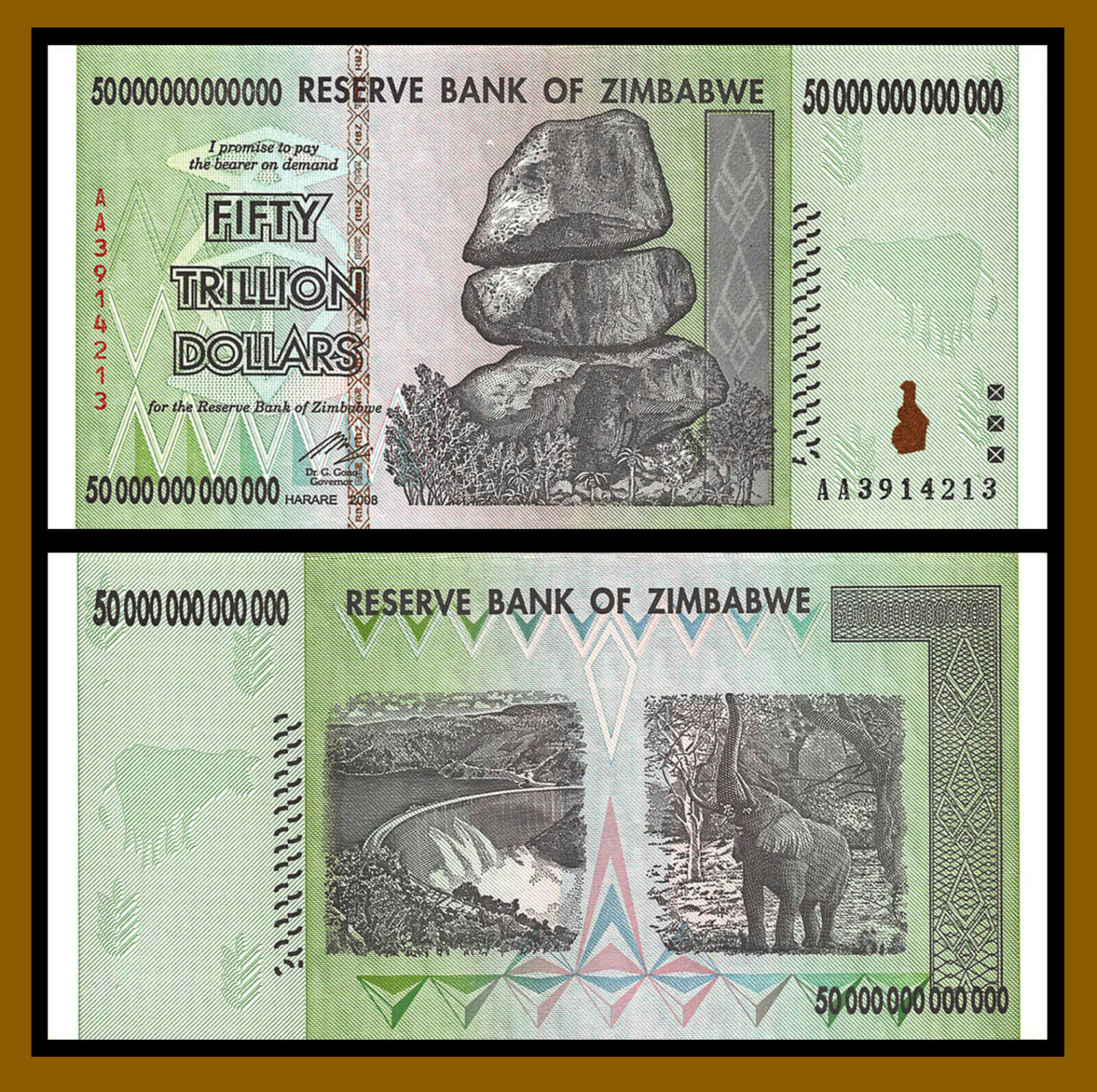 Zimbabwe 50 Trillion Dollars, 2008 Aa Uv Tested Authentic Unc, 100 Serie