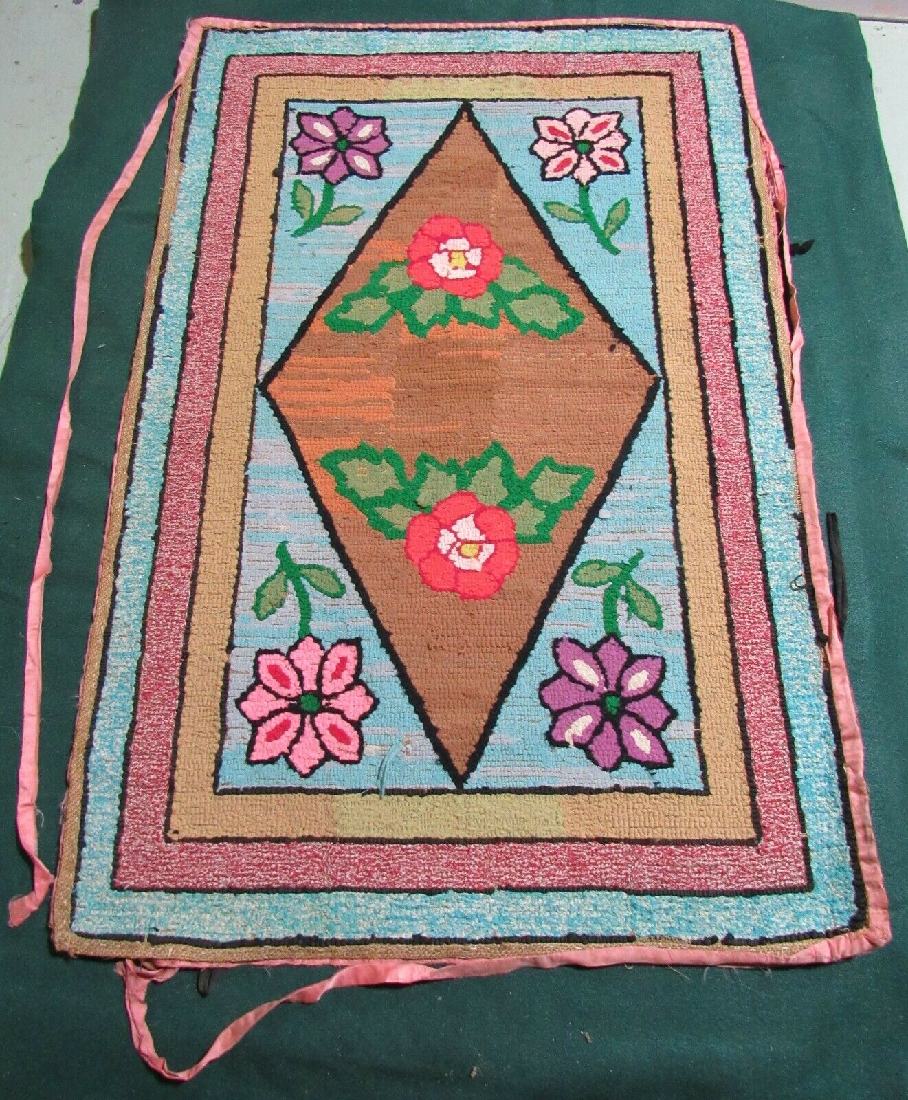 Antique Handmade Wool Hooked Rug, 41 X 26 Inches, Floral Geometric Pattern