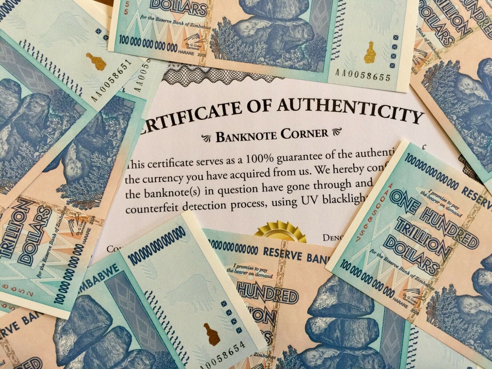100 Trillion Dollar Authentic Zim Zimbabwe 2008 Aa Bond Unc Coa Certificate Uv