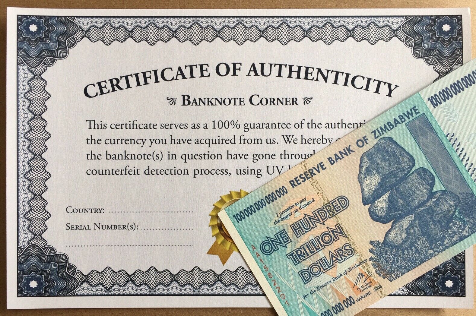 2008 Zimbabwe 100 Trillion Dollar Bond Aa Uv Pass Certificate Authentic Coa