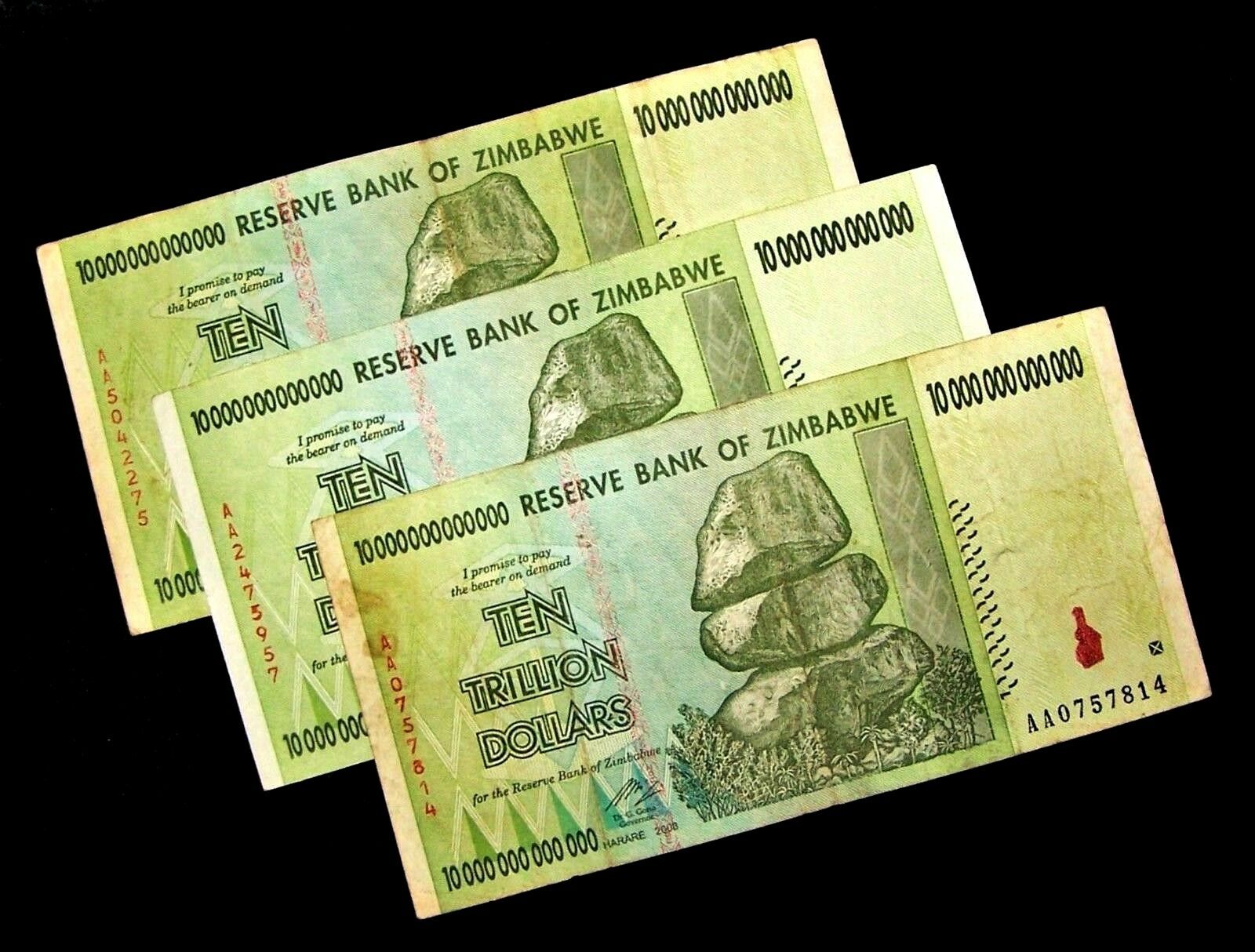 3 X Zimbabwe 10 Trillion Dollar Banknotes/2008/aa -circulated Authentic Currency