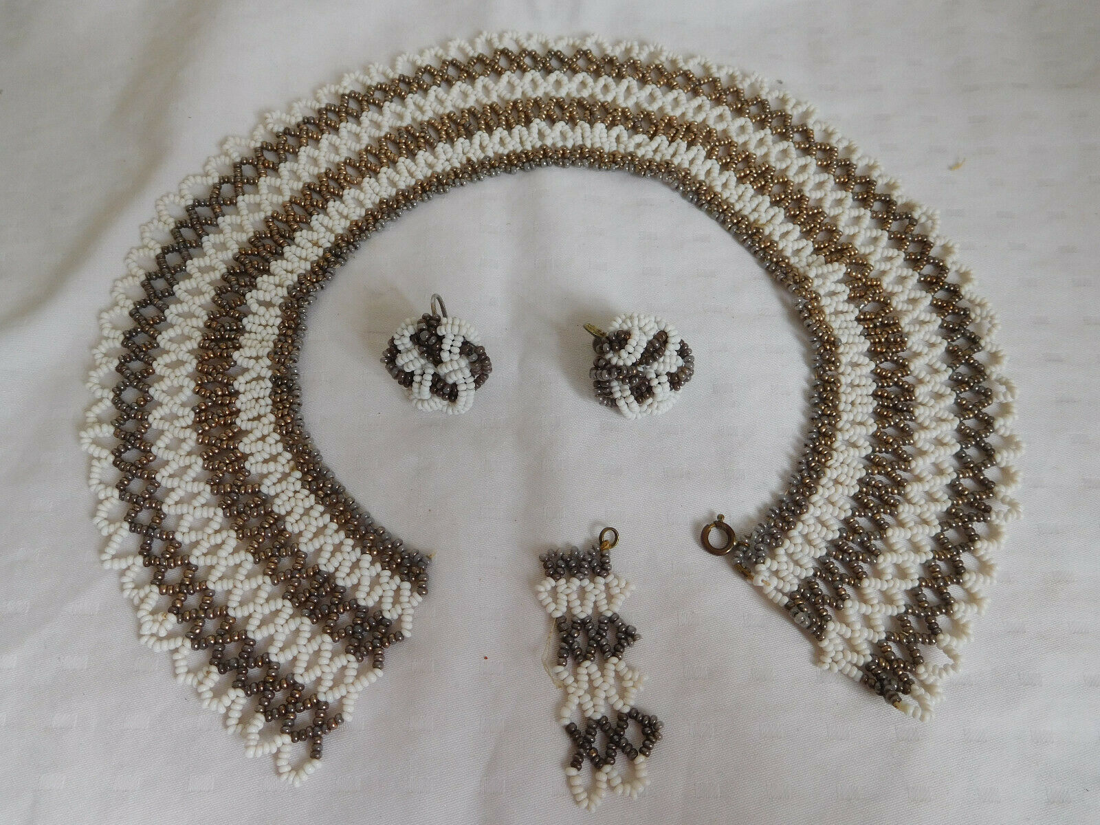 All Bead Peter Pan Milk Glass Bronze Collar & Clip On Earrings Hand Made Vintage