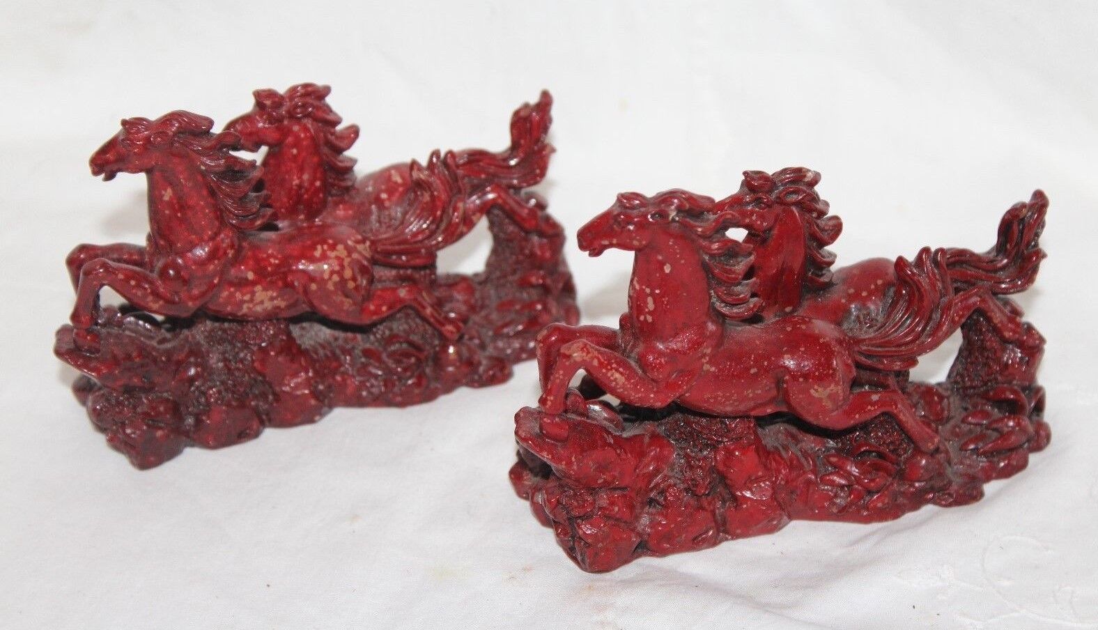 Vintage Carved Art Coral Red~horses Set Of 2