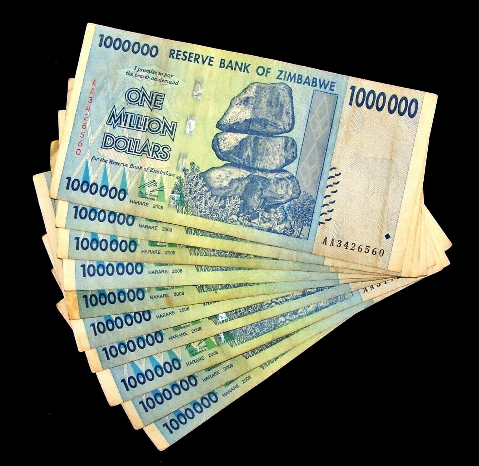 10 X Zimbabwe 1 Million Dollar Banknotes-currency