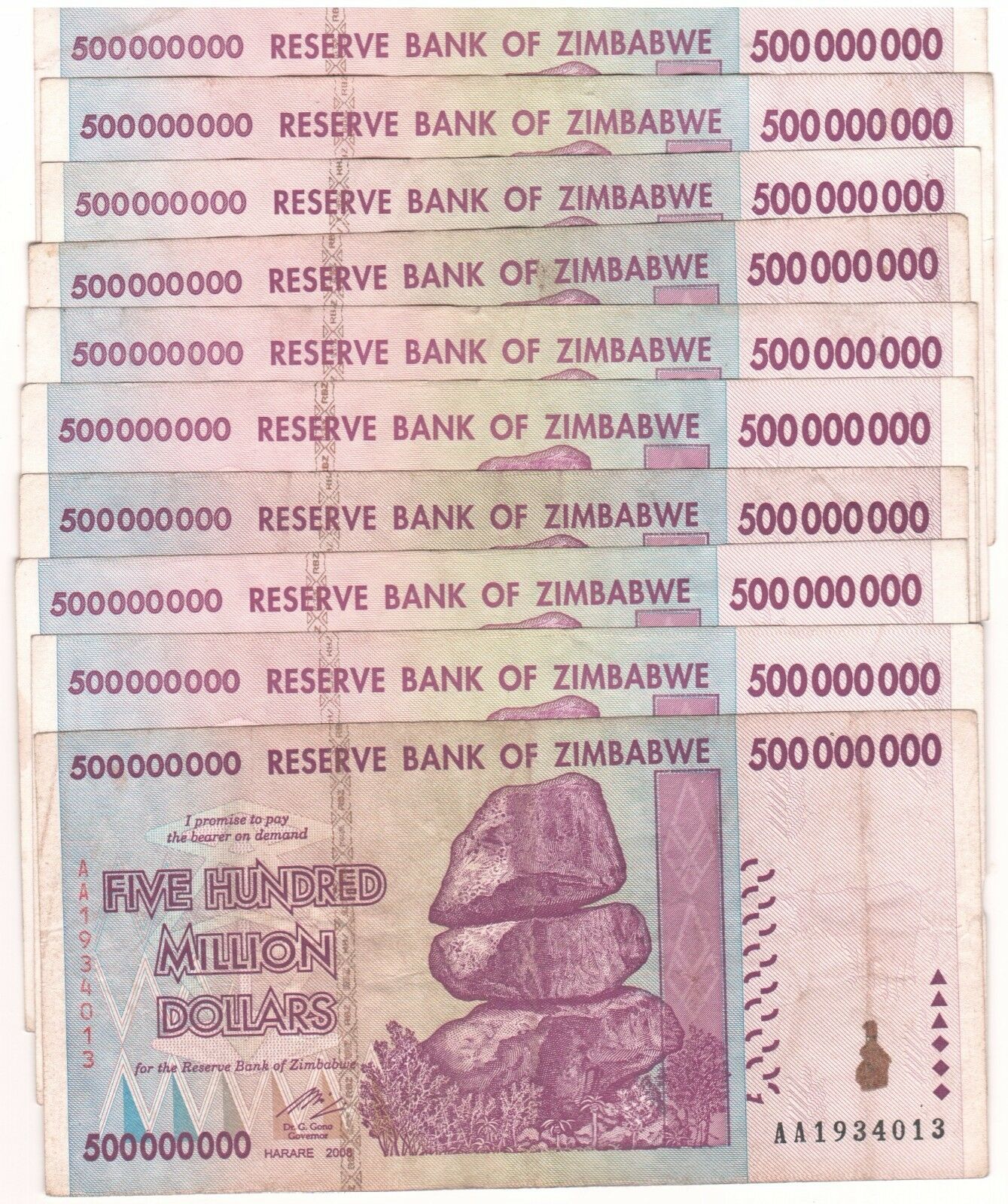 10 X Zimbabwe 500 Million Dollars 2008 Aa's Only Circulated, 100 Trillion Series