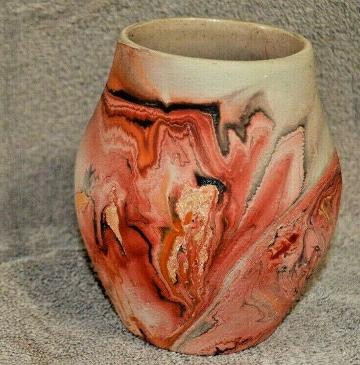 Vintage Nemadji Pottery Native Clay, Usa Rustic Swirl Vase, Marked