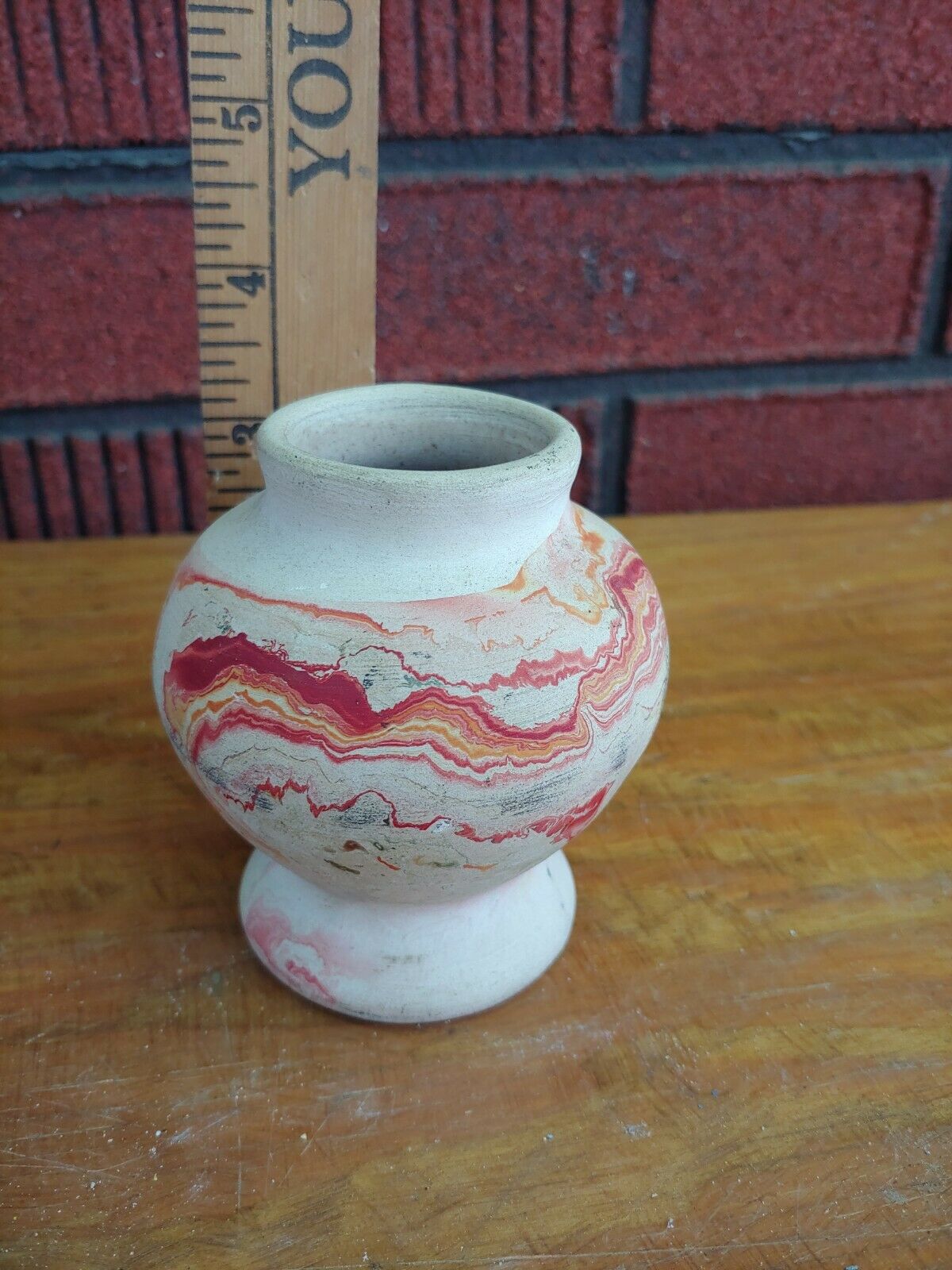 Beautiful Nemadji Indian Pottery Vtg Vase  Orange Swirl Small Usa