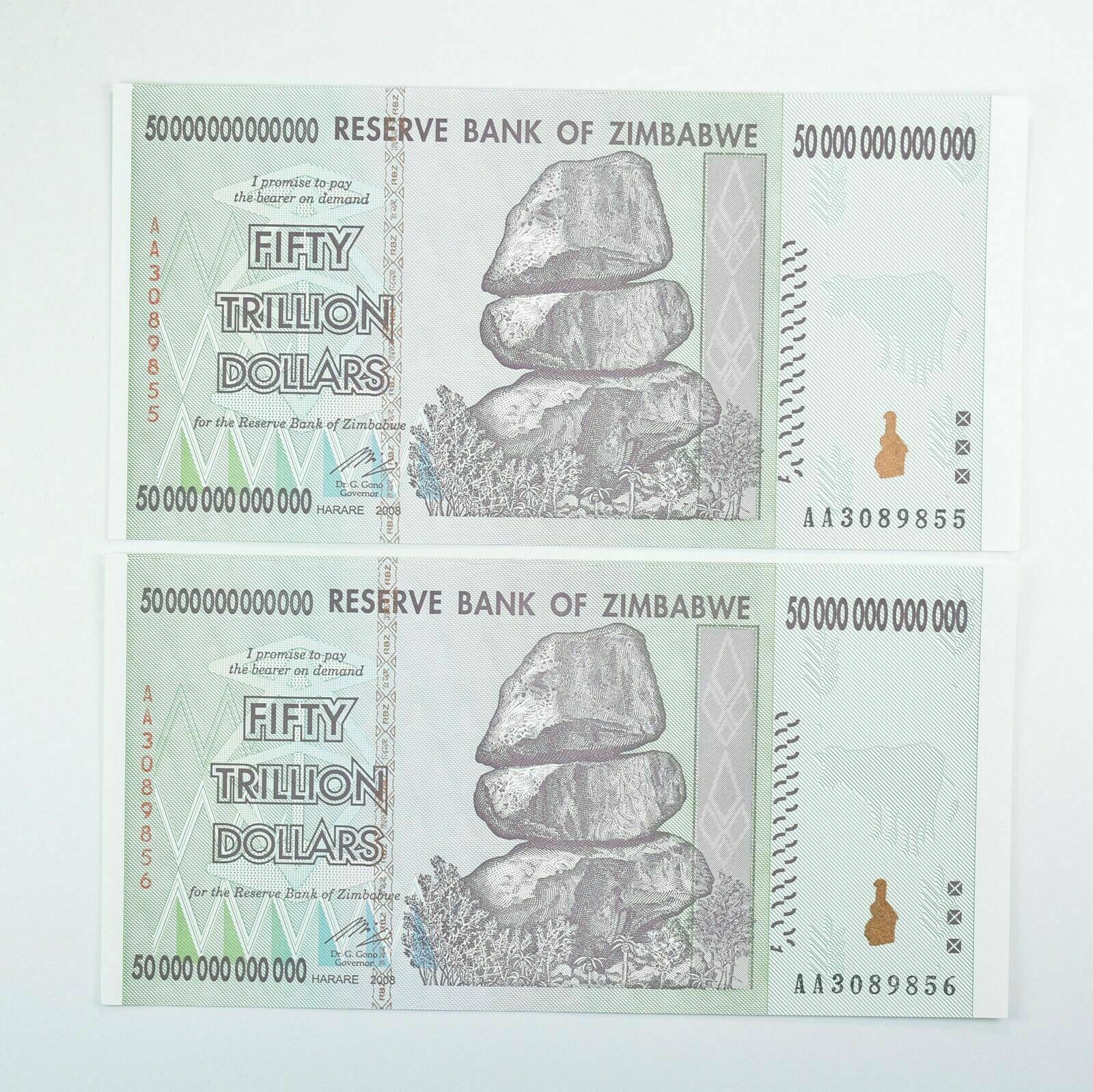 2 Consecutive 50 Trillion Dollar - Zimbabwe - Unc Notes - 2008 Authentic
