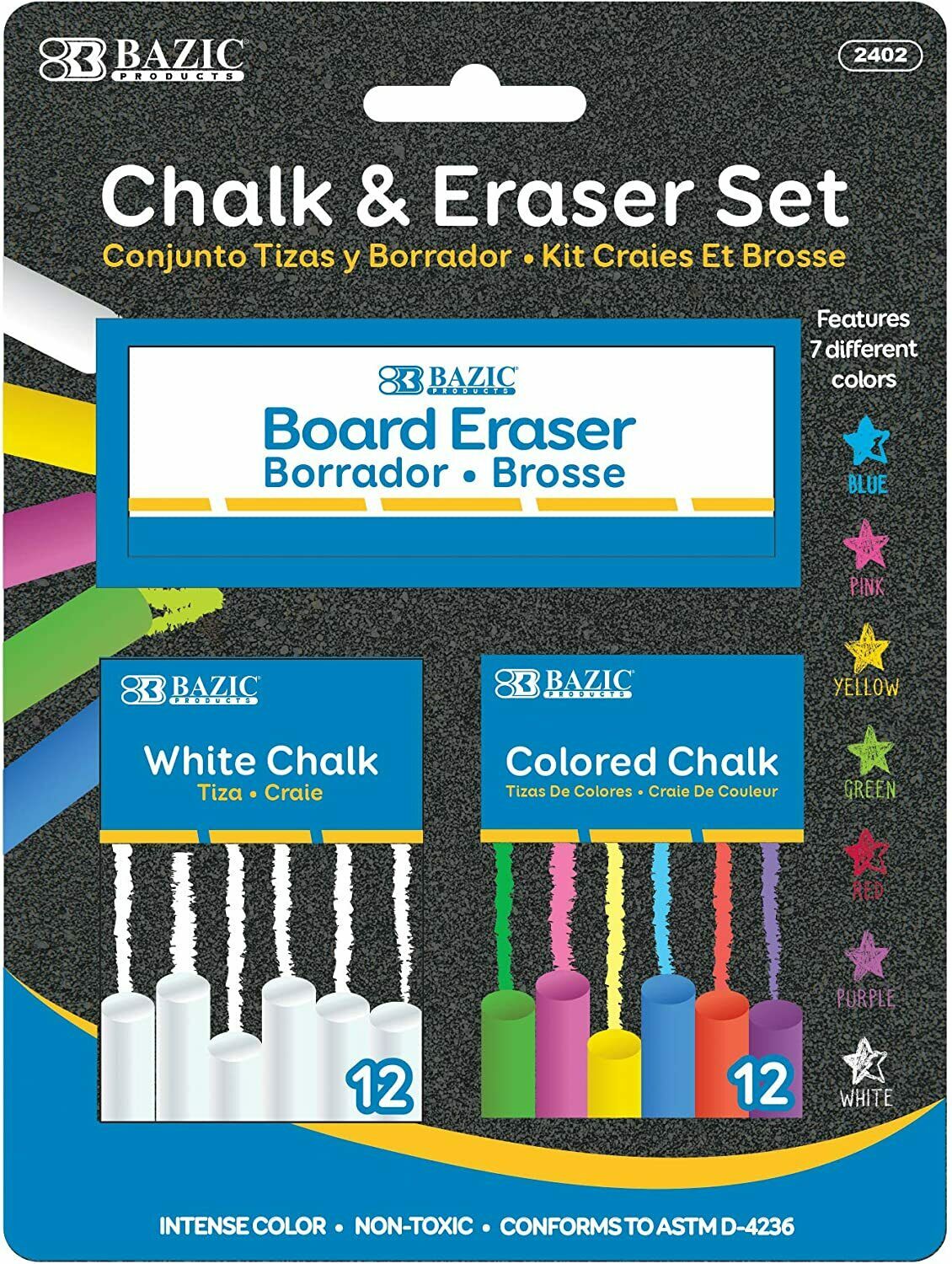 Bazic 12 Color & 12 White Chalk With Eraser Set - School, Crafts, Art, Outside