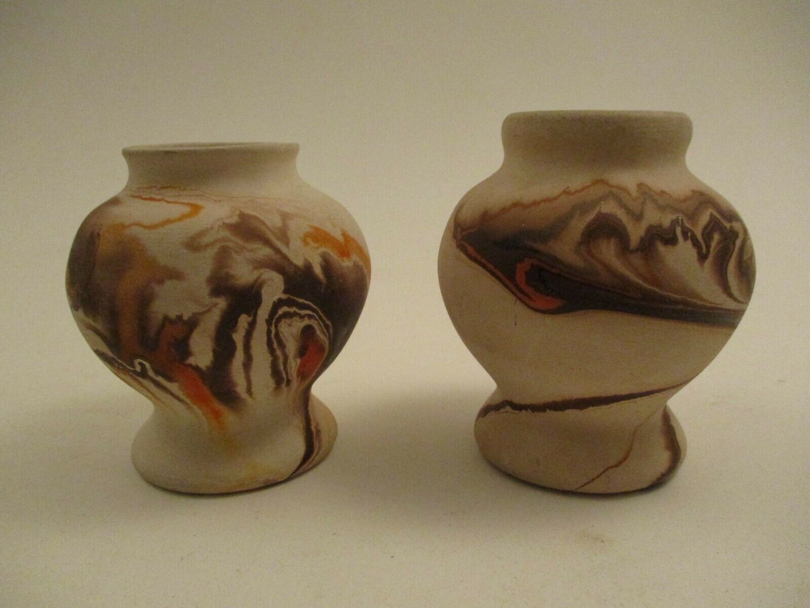 Pair 2 Nemadji  Art Pottery Native Vase Orange Earth Tone Swirl Arts And Crafts