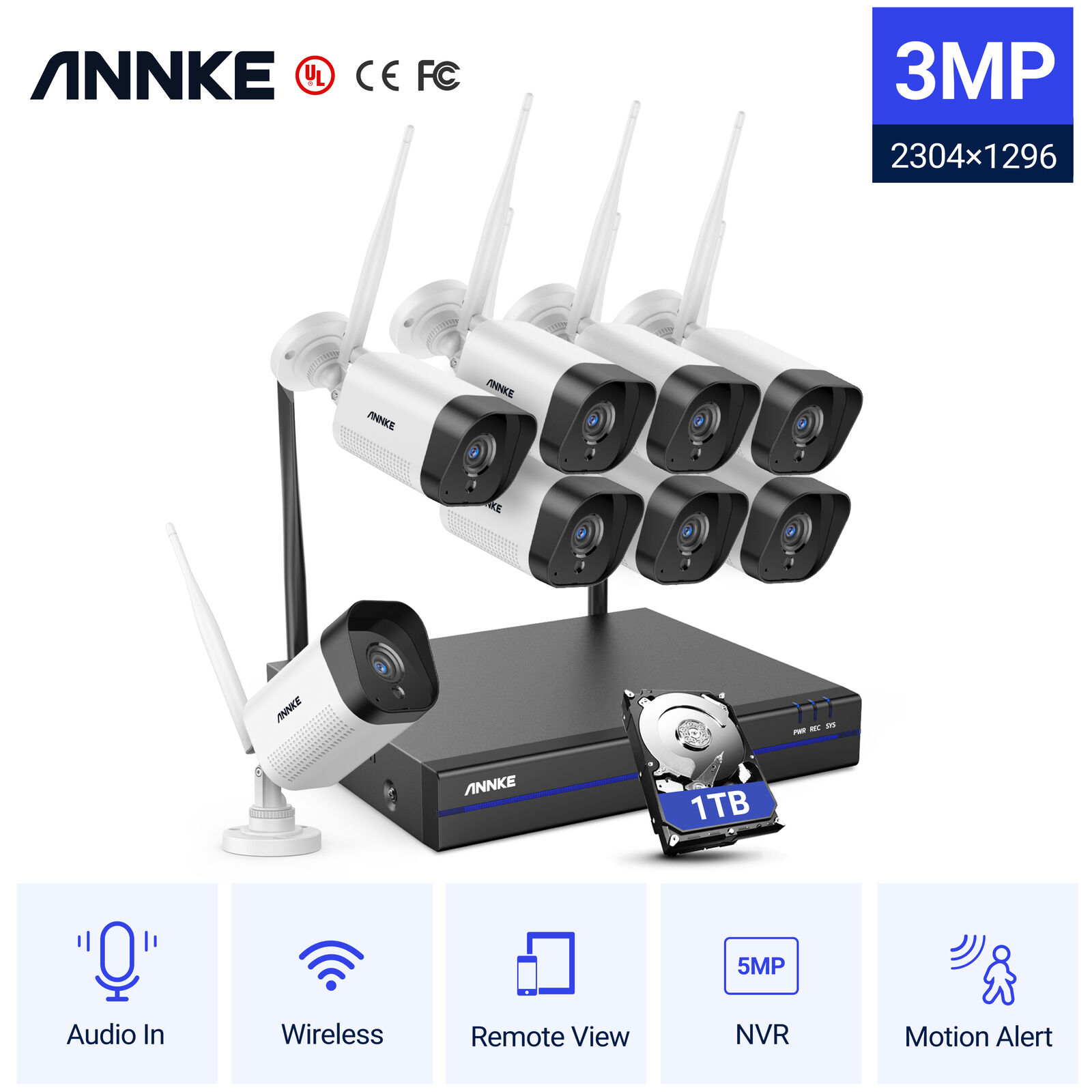 Used Annke 8ch Nvr 3mp 8x Wireless Camera Surveillance System Home Night Vision