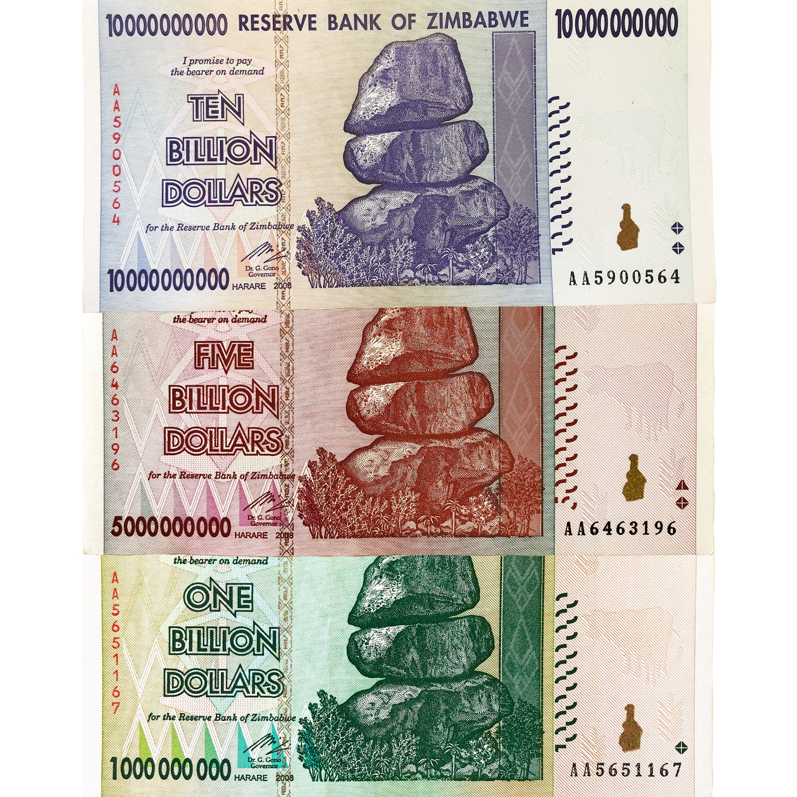 Zimbabwe 1, 5, And 10 Billion Dollar Bills Banknotes Paper Money World Currency