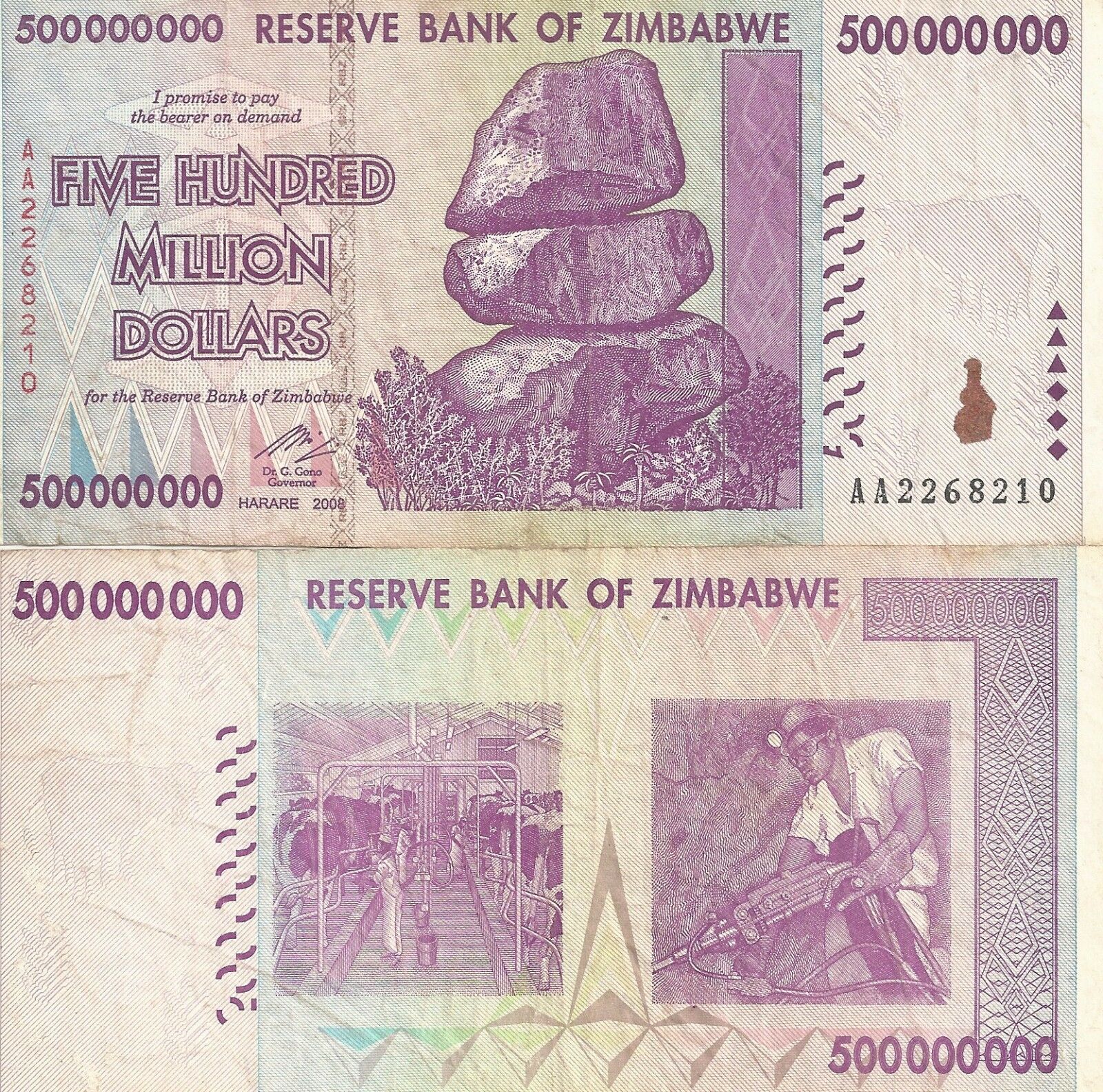 Zimbabwe 500 Million Dollars 2008 Aa/ Ab  Circulated, 50 &100 Trillion Series
