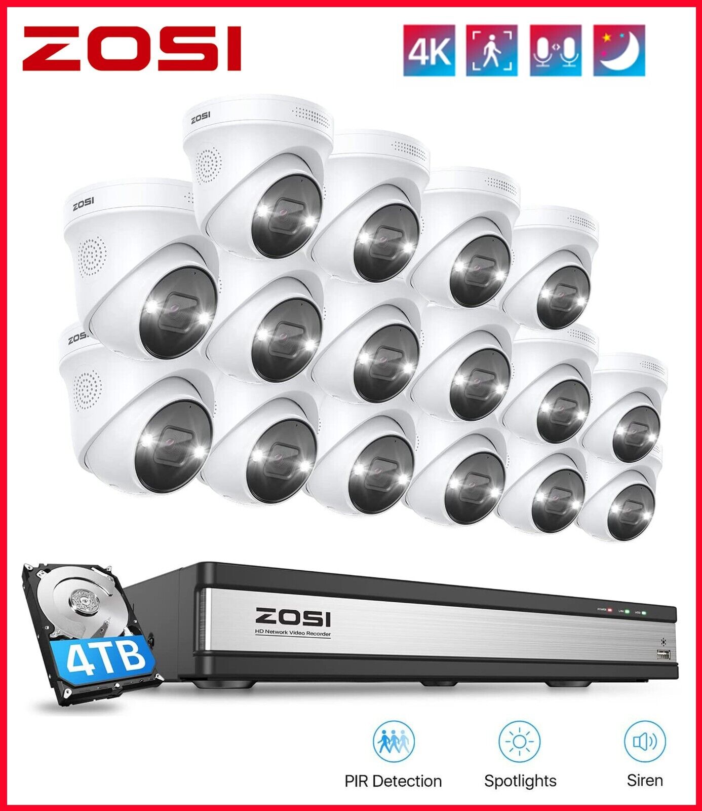 Zosi H.265 + 4k 16ch Poe Nvr Home Surveillance Ip Camera System Outdoor 4tb Hdd
