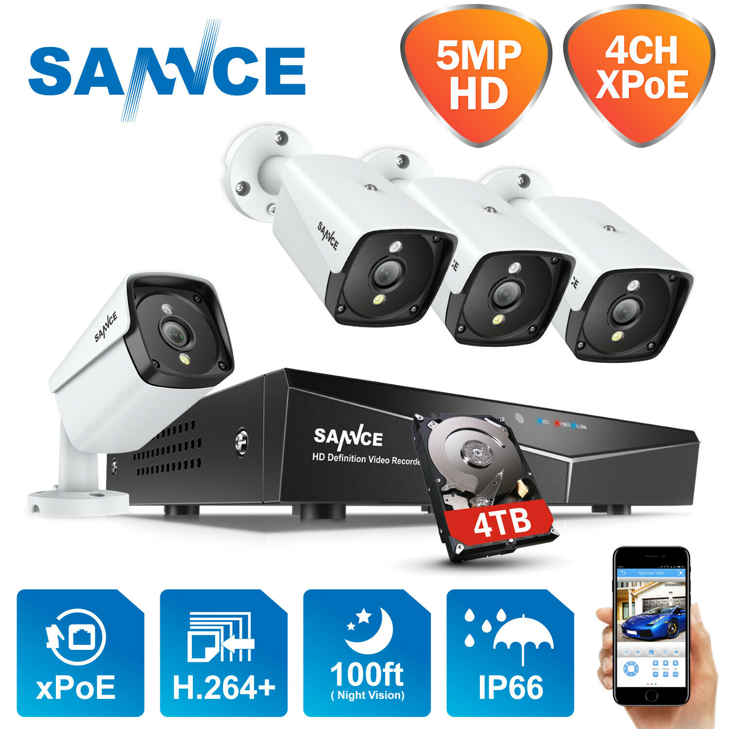 Sannce 5mp Video H.264+ 4ch Nvr Poe Outdoor Security Ip Camera System Ir Motion