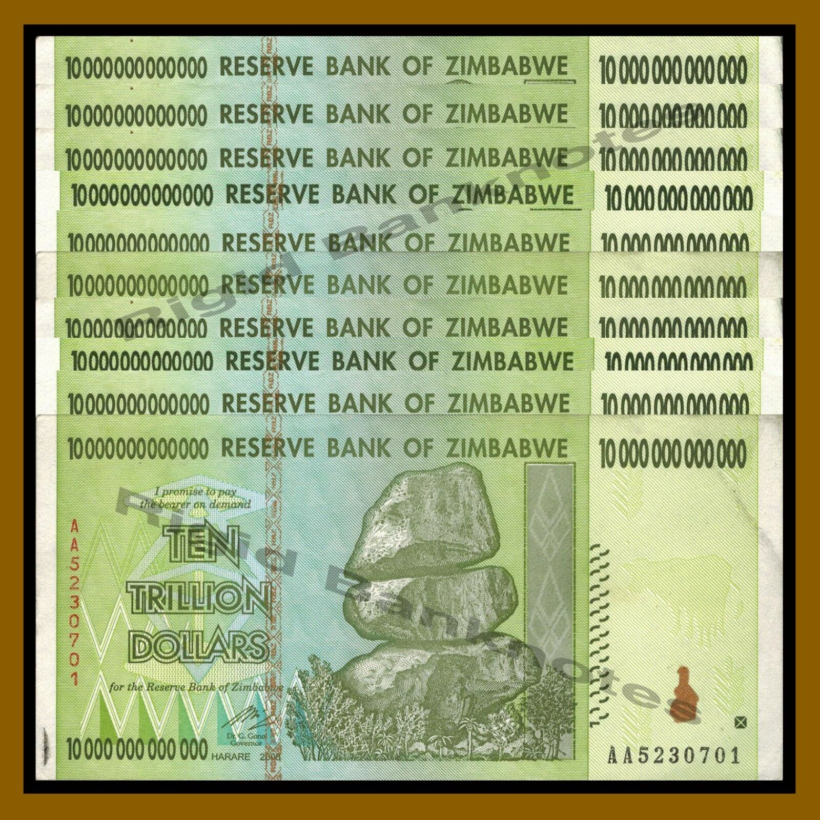 10 X Zimbabwe 10 Trillion Dollar Aa Circulated Used 2008 Currency, 20 50 100