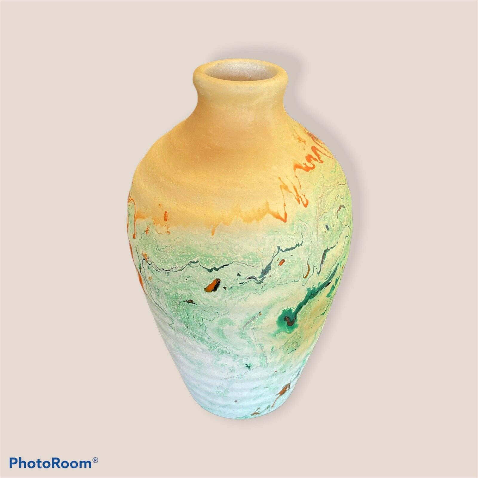 Nemadji Art Pottery Usa Bottle Neck  Native Swirl Vase 8.5”
